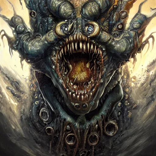 Image similar to eldritch abomination, gnashing teeth, multiple mouths, multiple eyes, oil painting, cinematic, intricate complexity, rule of thirds, in the style of Adam Paquette, Svetlin Velinov, Daarken, Artgerm, Keith Thompson, and Eric Deschamps, face by Artgerm and WLOP, magic the gathering art, character concept