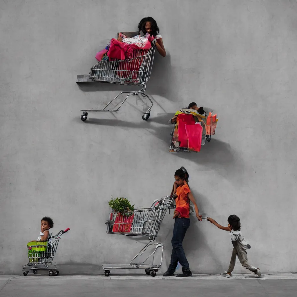 Image similar to homeless mother pushing a shopping cart with a child riding in it, in front of a blank wall, hyperrealistic