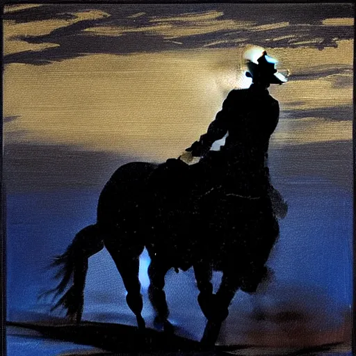 Prompt: a painting of a silhouette of a cowboy riding a horse into the dark horizon, high contrast, black and blue color scheme, dark, creepy, night, far away, in the style of Norman Rockwell