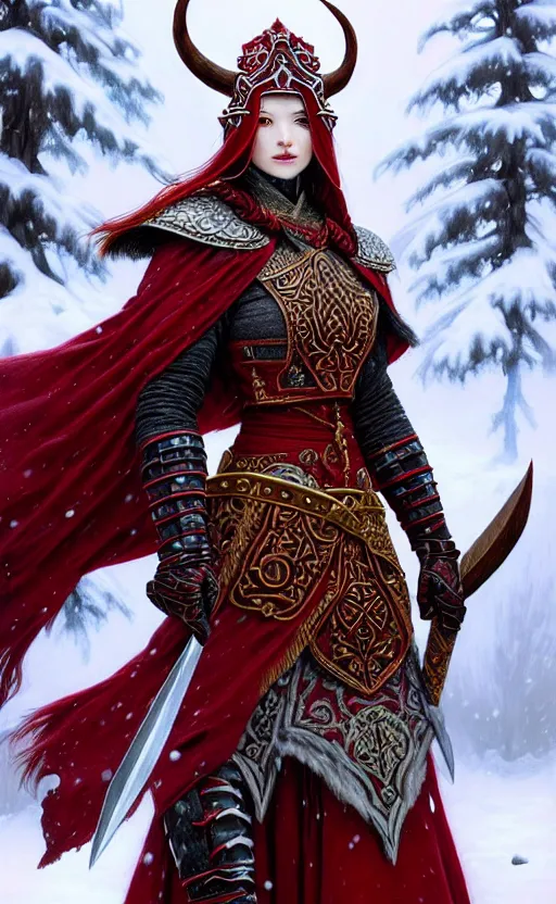 Prompt: crimson viking warrior, regal, elegant, winter, snow, beautiful, stunning, hd, illustration, epic, d & d, fantasy, intricate, elegant, highly detailed, wide angle, digital painting, artstation, concept art, smooth, sharp focus, illustration, wallpaper, art by artgerm and greg rutkowski and alphonse mucha and jin xiaodi