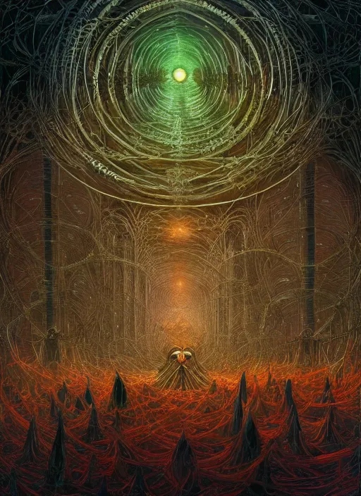 Image similar to a quantum computer, geometric crystal wiring, emerald circuits, highly advanced technology surrounded by a dark cabal of multiple hooded elven mystics in long dark robes gathered in a circular formation, dan seagrave art, michael whelan, artstation, cgsociety