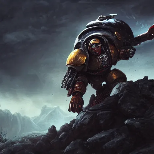 Prompt: A space marine fighting the Predator on top of a mountain, HD, cinematic, black clouds in the background, concept art, art by Leesha Hannigan and Greg Rutkowski, 8K, close up, incredibly high attention to detail, complex, good color blending, award winning artwork