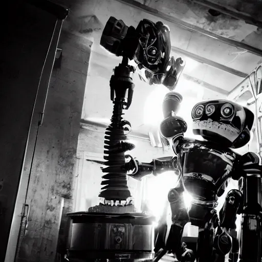 Image similar to bernie sanders putting the finishing touches on a magical clockwork doomsday robot, black and white photo, cinematic moody lighting