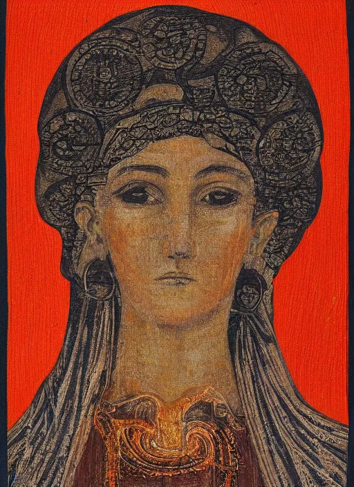 Image similar to Portrait of a beautiful priestess from the oracle of Delphi, looking into the flames, greek fabric