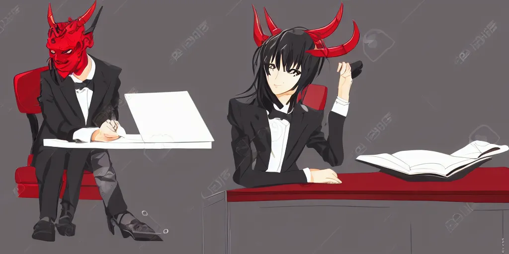 Image similar to dark lord sitting at desk large horns and suit, medium shot, portrait, semi realistic anime, red demon cyberpunk symbols