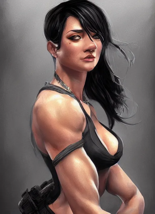 Prompt: a black haired woman in a tank top, muscular upper body, abs, d & d, fantasy, intricate, elegant, highly detailed, digital painting, artstation, concept art, smooth, sharp focus, illustration, art by dayer diego