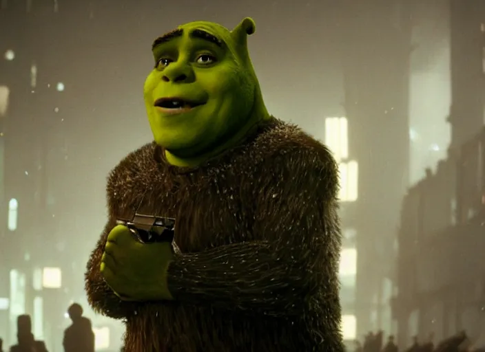 Prompt: film still shrek wearing leather coat as a detective in blade runner, 8 k