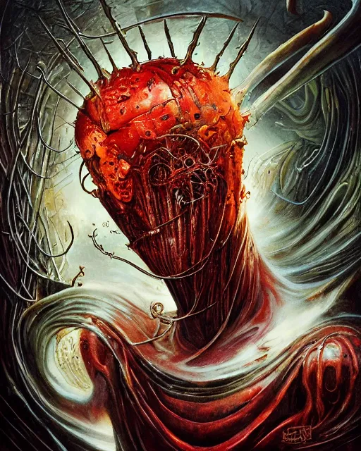 Image similar to bloody fleshmetal hamburger, by antonio j. manzanedo, giger, alex grey, android jones, wayne barlowe, philippe druillet, raymond swanland, cyril rolando, josephine wall, harumi hironaka, trending on artstation