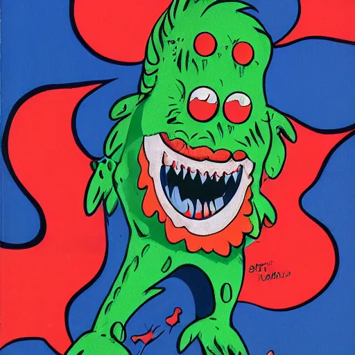 Prompt: ice cream monster man laughing, 1 9 8 6 horror painted art book cover, thick lines