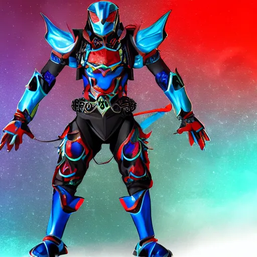 Image similar to High Fantasy Kamen Rider, blue armor with red secondary color, 4k, glowing eyes, daytime, rubber undersuit with chainmail texture, dragon inspired armor