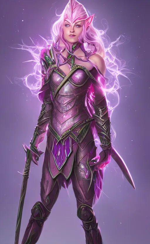 Image similar to a full body portrait of an elven woman with pink skin, and armor fit for a queen, wearing purple headphones, and smiling, dynamic lighting, photorealistic fantasy concept art, trending on art station, stunning visuals, creative, cinematic, ultra detailed