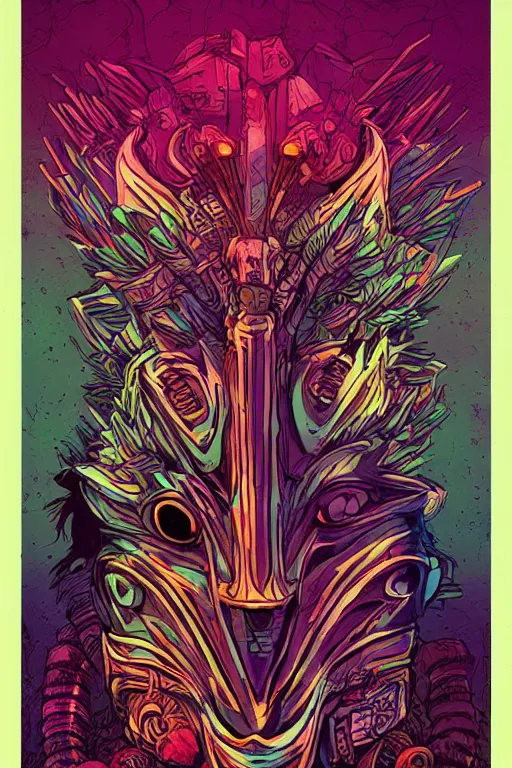 Image similar to totem animal tribal chaman vodoo mask feather gemstone plant wood rock video game illustration vivid color borderlands by josan gonzales and dan mumford radiating a glowing aura