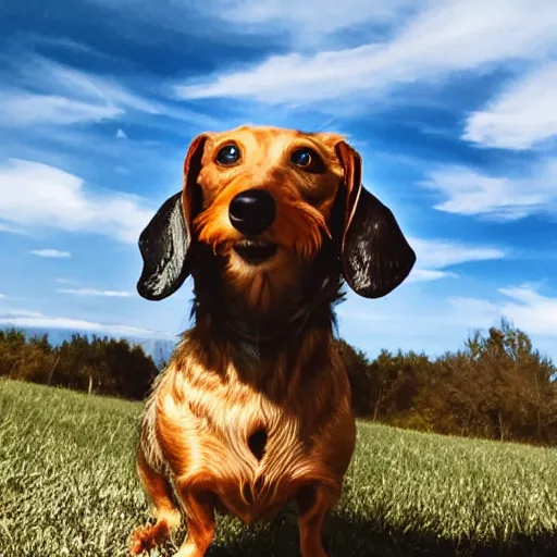 Image similar to photo of an elderly light gray overweight wire-haired dachshund with long hair floating in heaven, blue sky, white clouds