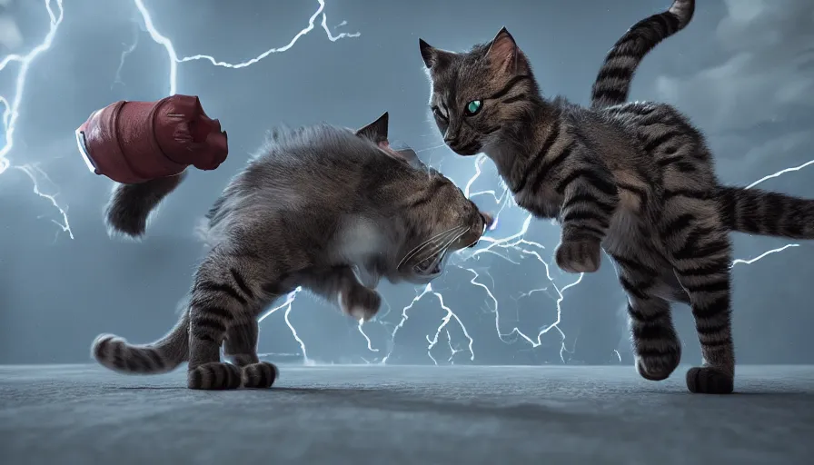 Image similar to epic battle of cats by Peleng, 3d render, octane rendered, highly detailed, cinematic lightning, rendered by maya and houdini, highly detailed, unreal engine, Trending on Artstation, octane render, 4k, 8k, HD