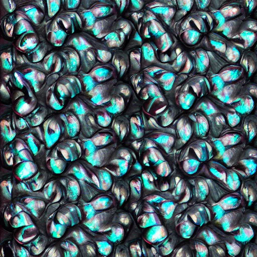 Image similar to highly textured iridescent-pearlescent-black-snakes wrapped around each other, 3D, digital art, octane render, blender cycles, photorealistic, sharpened, repeating patterns, 4k-ultra-hd, high dynamic range