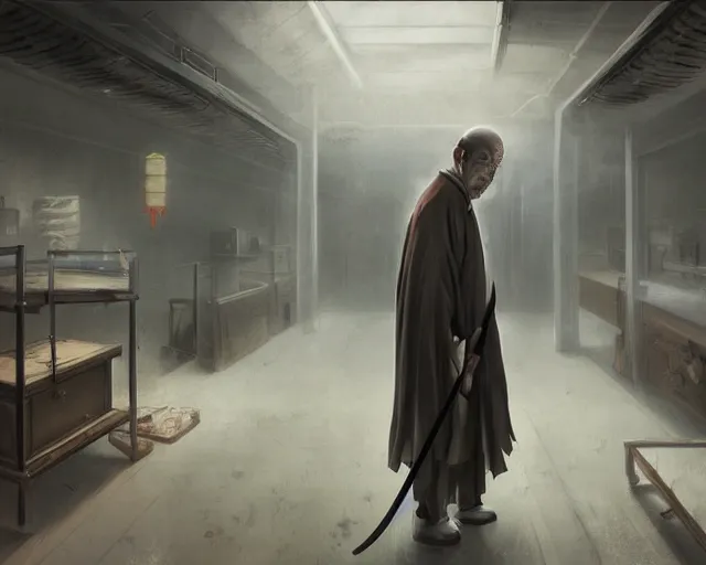 Image similar to a 50 year old brunnete chinese man standing in a morgue funereal next to the grim reaper, horror scene, dramatic, anime art, Greg Rutkowski, studio ghibli, dramatic lighting