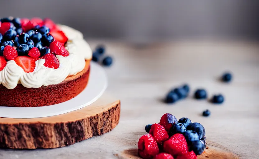 Image similar to A photo of a swedish cake from the side on a wooden table, with cream spread on the sides and strawberries, raspberries and blueberries placed in circles on top. Sunset. 4K. Cinematic lighting. High detail. Realistic. Delicious.