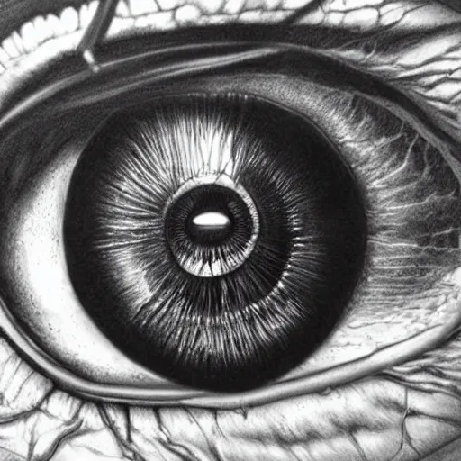 Image similar to hyperrealism photo - realistic lifelike photography photorealistic hyperrealism realistical close - up of an eyeball and inside the pupil is a mountain range landscape and scenery highly detailed ultra psychedelic by alex grey greg rutowski james gurney gustave dore michaelangelo davinci