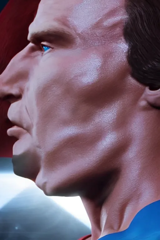 Image similar to a profile shot of Arnold Shvarzenegger as Superman, DC Comics, 8k, hyperrealism, cinematic lighting