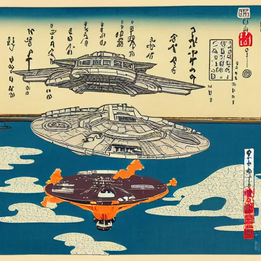 Prompt: millennium falcon attacking new york in the style of ukiyo - e