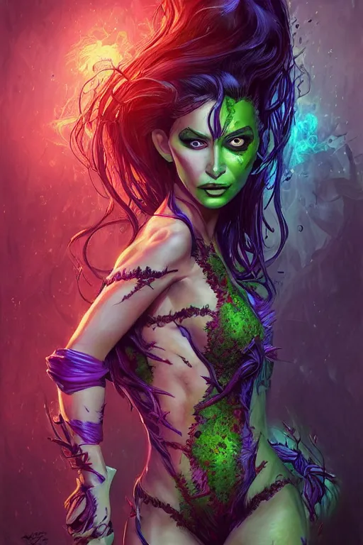 Prompt: Photorealistic frontal standing pose portrait of Emily Ratajowski as Poison Ivy push-up underwire. Intricate, concept art, magic lighting overlays, magical portal opened, D&D!, fantasy style, sharp focus!, ultra detailed, art by Artgerm and Peter Andrew Jones, WLUP, Magali Villeneuve