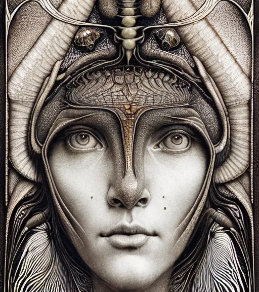 Image similar to detailed realistic beautiful scarab goddess face portrait by jean delville, gustave dore, iris van herpen and marco mazzoni, art forms of nature by ernst haeckel, art nouveau, symbolist, visionary, gothic, neo - gothic, pre - raphaelite, fractal lace, intricate alien botanicals, ai biodiversity, surreality, hyperdetailed ultrasharp octane render