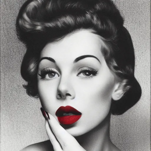 Image similar to A beautiful stunning portrait of a woman with thick red lips, she winks at the camera by Armstrong, Rolf Seed=1064516654