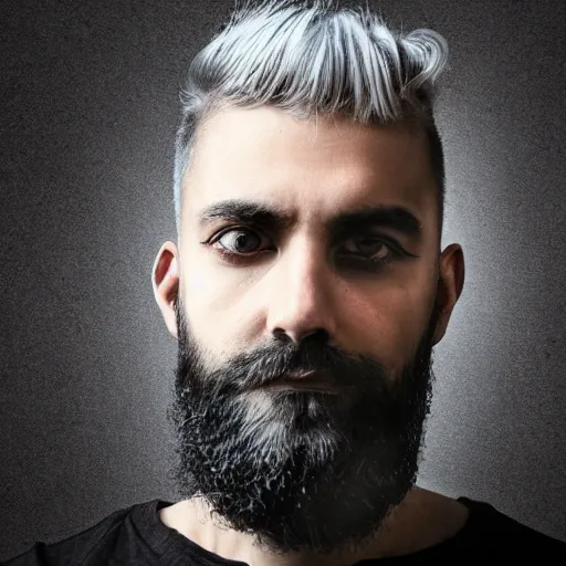 Image similar to bust portrait of handsome proud man with short black hair with grey hair, very short full beard warrior, cyberpunk, fashion editorial photography, neon color scheme, waist up, low angle