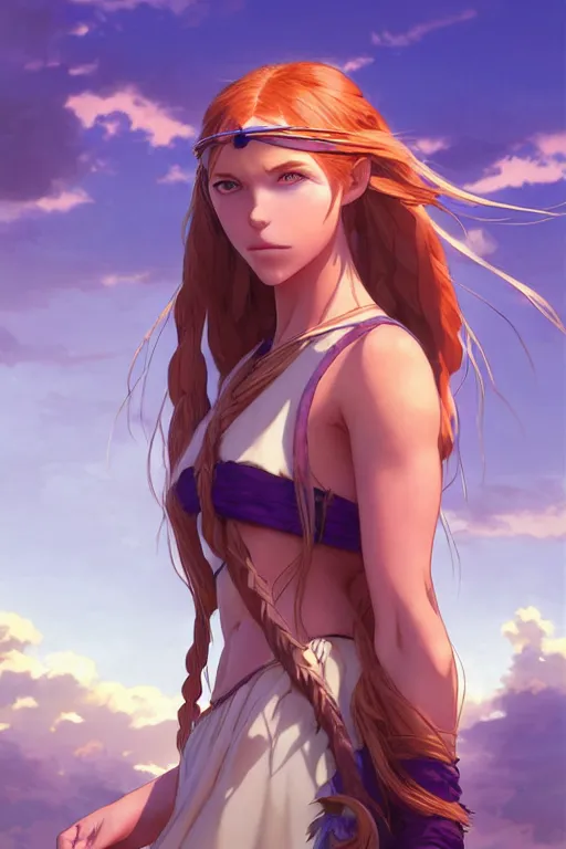 Image similar to long ginger hair, tanned woman in a prehistoric outfit, green eyes, by artgerm, hair tied in a ponytail, white backdrop, soft lighting, blue and purple colors, by greg rutkowski makoto shinkai takashi takeuchi