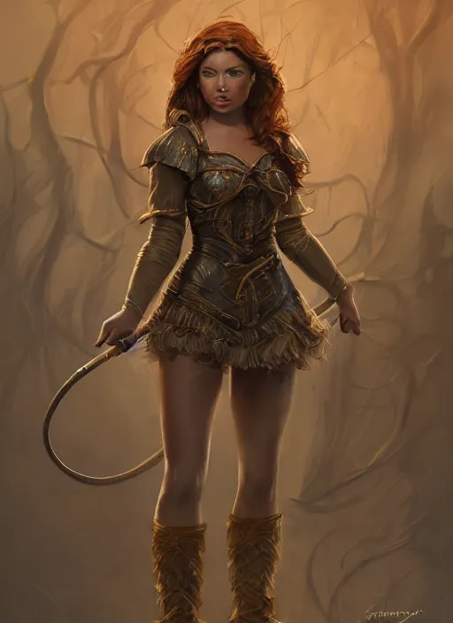 Image similar to beautiful female dorothy gale, rebecca romijn as dorothy, full body character concept, full leather armor, super powers, fantasy, intricate, elegant, highly detailed, digital painting, artstation, concept art, shining, sharp focus, illustration, art by stanley lau