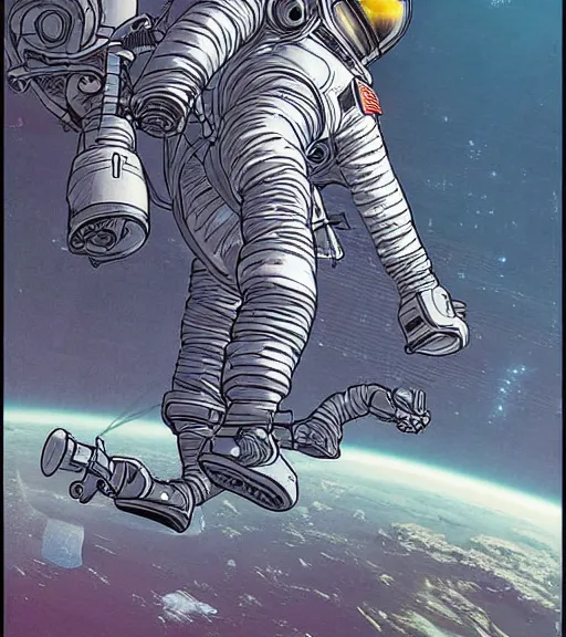 Prompt: cyberpunk astronaut with long limbs on a spacewalk outside of their ship, techwear, Industrial Scifi, detailed illustration, character portrait, by Martin Grip and Moebius