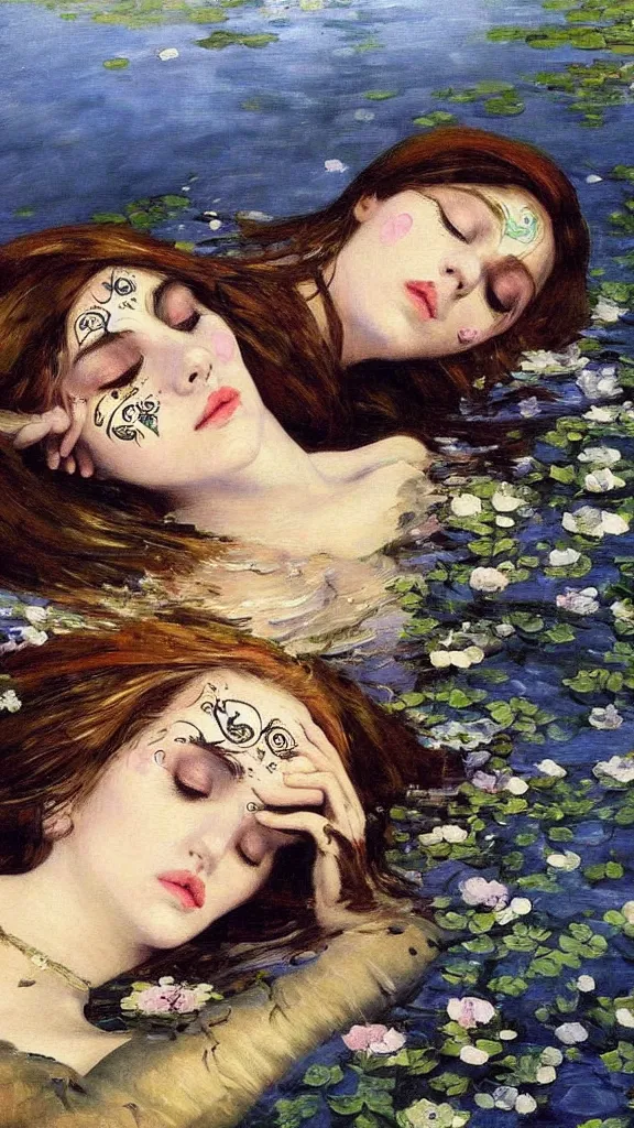 Image similar to prompt: one beautiful girl sleeping in the lake with shining face painted by Valentin Serov, detailed realistic face, Ophelia painting inspired, intricate detailed oil painting, alchemical artifacts and hieroglyphs, magical items, gnarly paint marks