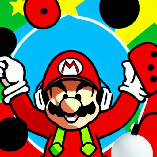 Image similar to svg sticker of a Pop-Wonder SuperMario, Mario-Wearing-a-red-hat, at a rave, spinning records, giant headphones rocking out, wearing headphones, huge speakers, dancing, rave, DJ, spinning records, digital art, amazing composition, rule-of-thirds, award-winning, trending on artstation, featured on deviantart