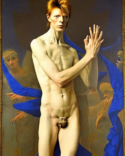 Image similar to david bowie as a diety levitating anmd surrounded by transcendental light by jean auguste dominique ingres, labyrinthine, sacred, mystical