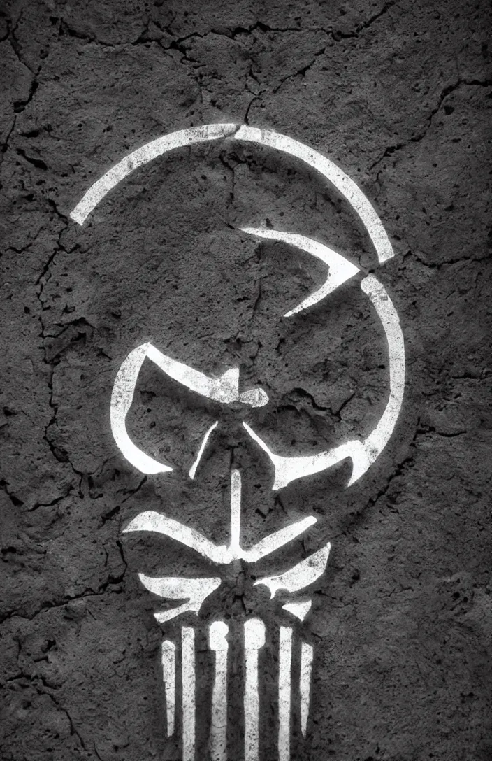 Image similar to punisher symbol carved deeply into stone edifice luminous smoke and light rays.