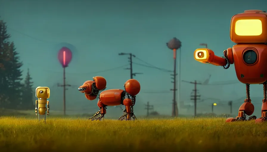 Image similar to tall cute robot with his best dog friend, by Simon Stalenhag, unreal engine, octane render, 8k, rule of thirds