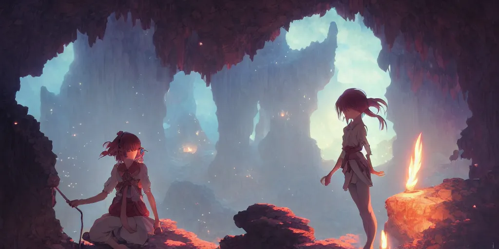 Image similar to the girl and the cave. anime, fantasy, smooth. torches, dark, digital painting, by hayao miyazaki and rossdraws and artgerm and chie yoshii and detmold and greg rutkowski and alphonse mucha. artstation. high quality, stunning, intricate detailed environment. 8 k