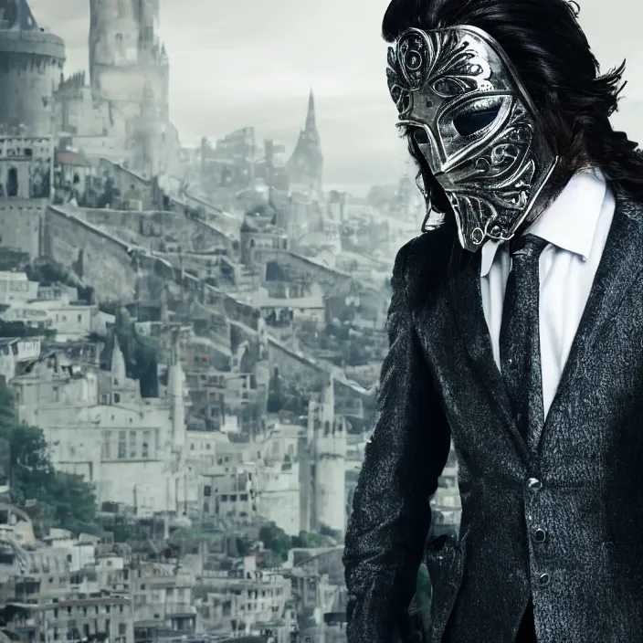 Image similar to cinematic movie, background is castle and steps, s man with a silver iron mask, with silver wavy long hair, black suit, 4 k