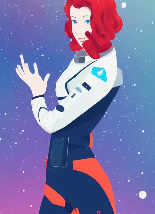 Image similar to a beautiful woman with red hair floating in space. she is an astronaut, wearing a space suit. clean cel shaded vector art. shutterstock. behance hd by lois van baarle, artgerm, helen huang, by makoto shinkai and ilya kuvshinov, rossdraws, illustration, art by ilya kuvshinov