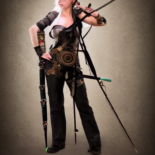 Prompt: full body photo of a clockpunk female archer