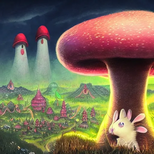 Prompt: 4 k headshot portrait of a psychedelic demonic anthropomorphic bunny rabbit with mushroom themed clothes, magic mushroom village in background. award winning. superb resolution. in the art style of junji ito and greg rutkowski. detailed mushroom city in background. hyper realistic anime. perfect art. dalle 2