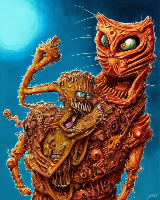 Image similar to bloody fleshmetal cyborg garfield eats jon, by antonio j. manzanedo, giger, alex grey, android jones, wayne barlowe, philippe druillet, raymond swanland, cyril rolando, josephine wall, harumi hironaka, trending on artstation