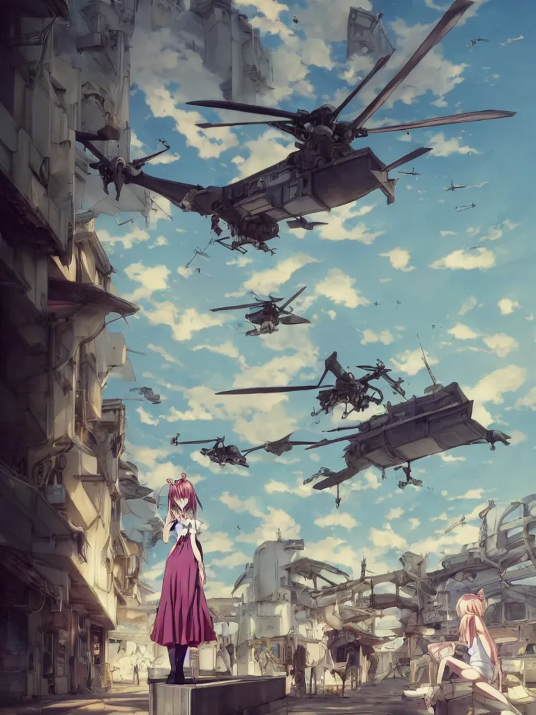 Prompt: Epic scene of a beautiful anime girl, Alice in Wonderland style, standing in front of a cyborg repair shop, while a futuristic military helicopter flies overhead, by Greg Rutkowski and Krenz Cushart and Pan_Ren_Wei and Hongkun_st and Bo Chen and Enze Fu and WLOP and Alex Chow, Madhouse Inc., anime style, crepuscular rays, Alice in Wonderland with a futuristic cyberpunk Tokyo street theme, dapped light, dark fantasy, cgsociety, trending on artstation