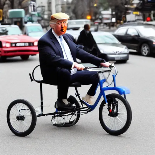 Prompt: a photograph of donald trump riding a tricycle