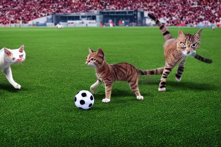 Prompt: dos gatos jugando al futbol en un estadio lleno de gente, fotorealista, 4 k, detallado