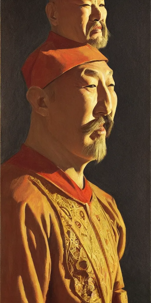 Prompt: a stunning and noble highly detailed portrait of genghis khan by edward hopper, trending on artstation, oil painting masterpiece, symmetry, mysterious, very very very aesthetic