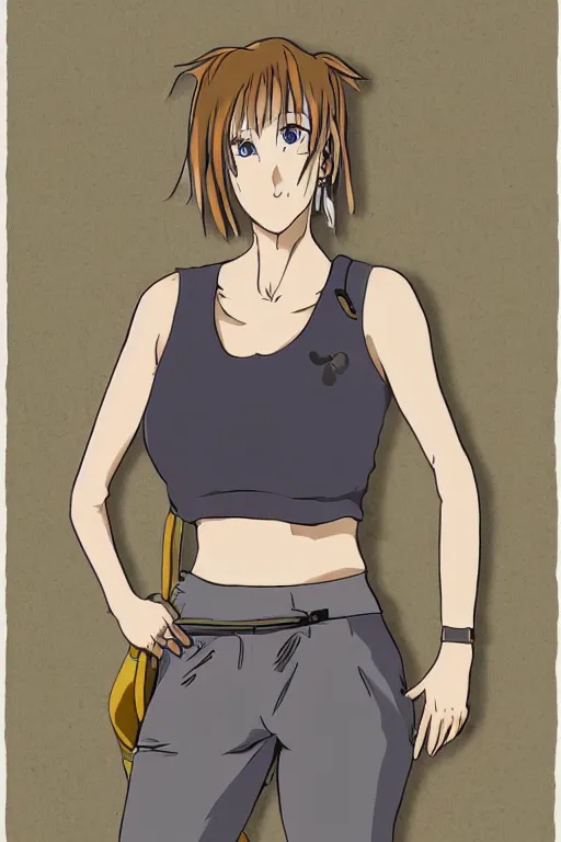 Image similar to anime style cel shaded portrait of a blonde woman, 40 years old, brown sun tanned skin, tattoos down left arm and back, wearing a charcoal vest top, white shorts and hiking boots, stood in sunshine in front of a door