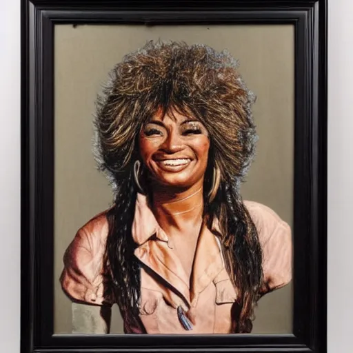 Image similar to a portrait of john wayne and tina turner daughter, she is smiling, highly realistic