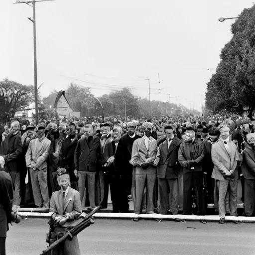 Image similar to crowd of people with guns stand at the roadside watching jfk motorcade, photo, filmic, 1960s, black and white