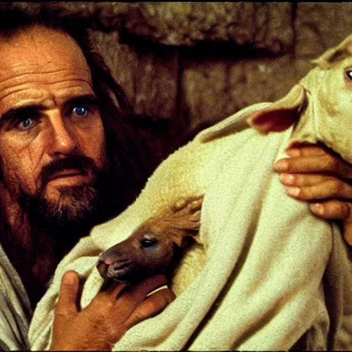 Prompt: cinematic still of man in ancient Canaanite clothing cradling a lamb, sad, anguished, somber, serious, directed by Terrence Malick